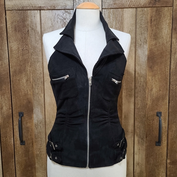 *SOLD* Black Sexy Halter Top Velvet Feel Stretchy Full Zip - Picture 2 of 8